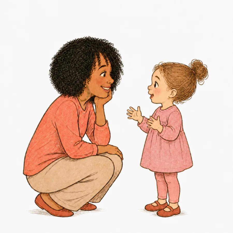 Nandy accroupie à hauteur d'une petite fille, qu'elle écoute avec attention