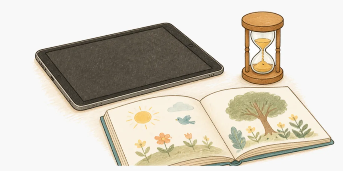 Une tablette éteinte, un sablier et un livre ouvert