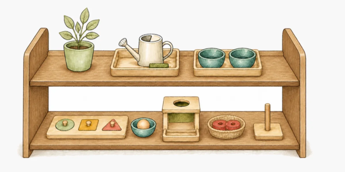Une étagère Montessori avec un puzzle, une boîte d'encastrement, des anneaux, une plante, un arrosoir et deux bols