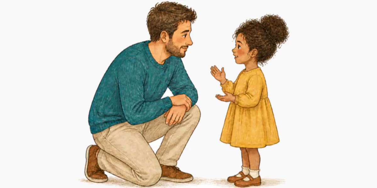 Un papa agenouillé écoute une petite fille qui lui parle