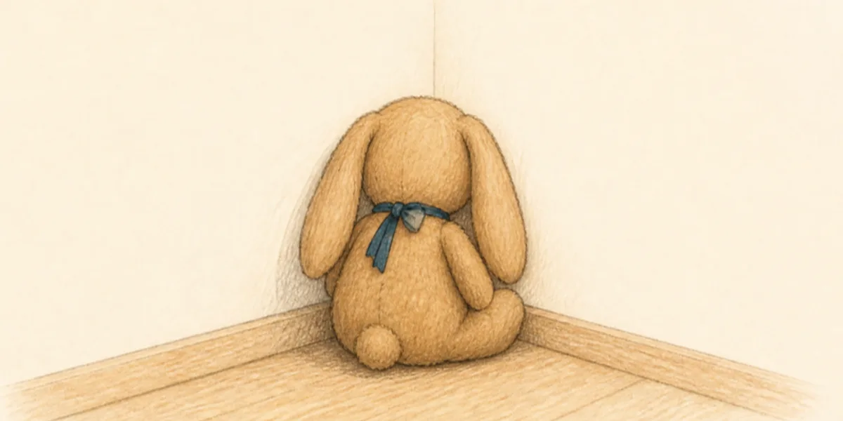 Un doudou lapin assis au coin, face au mur