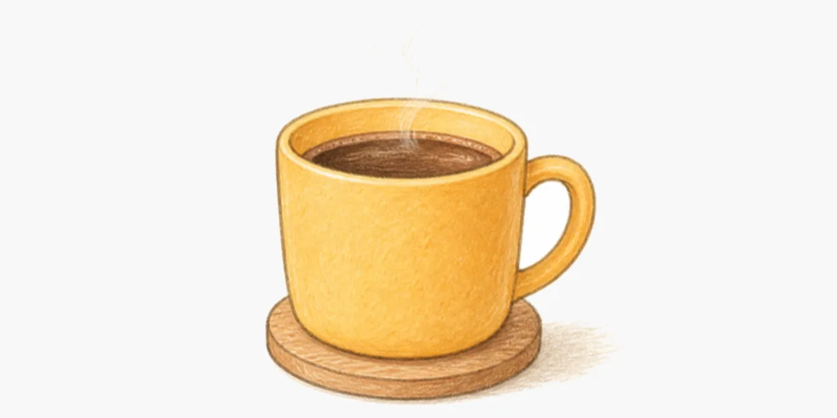 Une tasse de café chaud jaune sur un sous-verre en bois